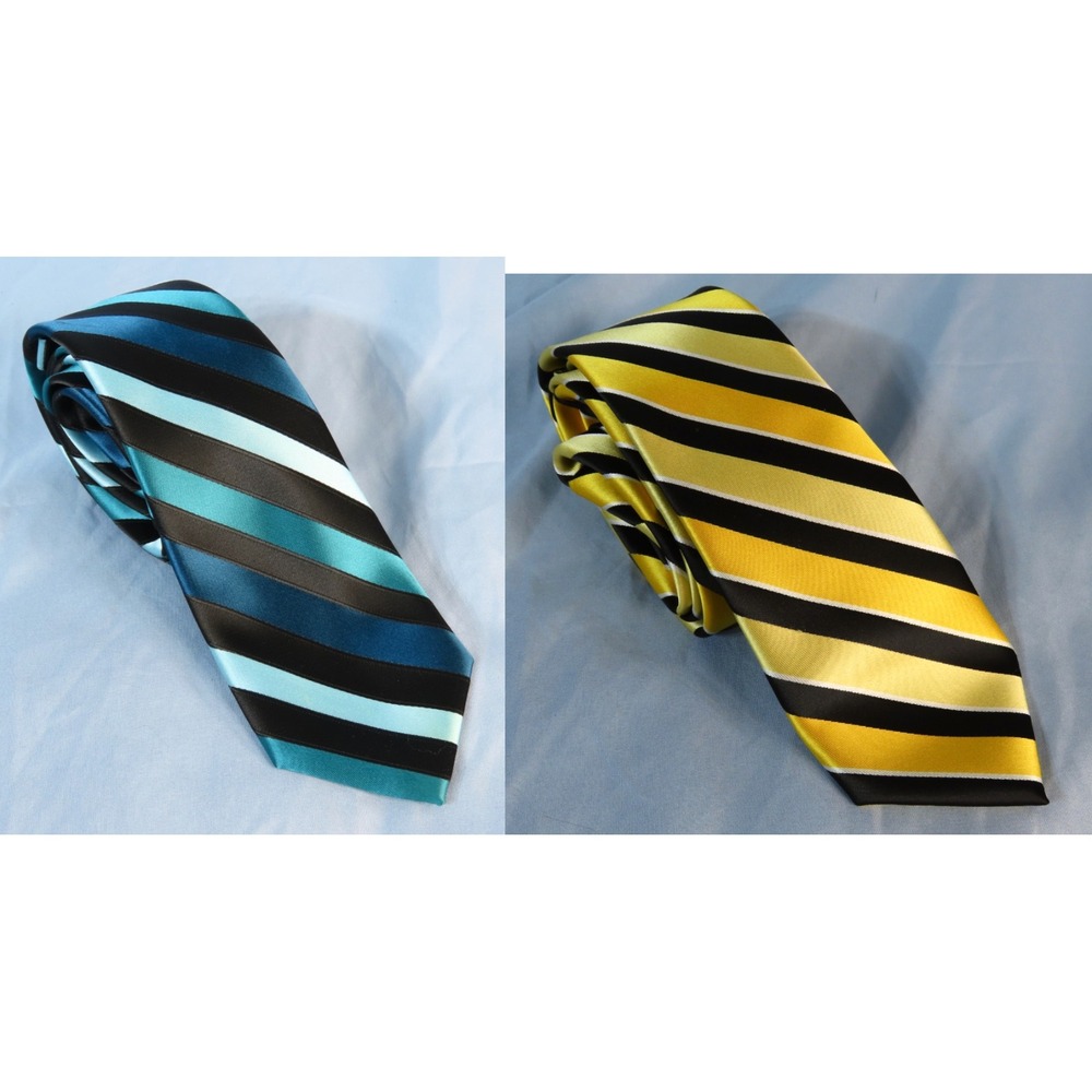 VTG MEN'S SKINNY NECK TIE Lot of 2, JF J FERRAR Yellow Ombre Blue Black STRIPES